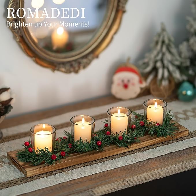 Christmas Candle Holder for Table Centrepiece Decoration: Romadedi Rustic 4 Tealight Holders with Mini Christmas Wreaths Wooden Tray for Xmas Winter Dinner Table Home Decor Gift 16.5 Inches