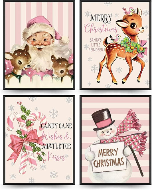 PLKMN Pink Christmas Wall Art Prints Set of 4, Vintage Santa Claus Snowman Wall Art Decor, Merry Christmas Decor for Gallery, Living Room, Bathroom, 8x10 (Unframed)