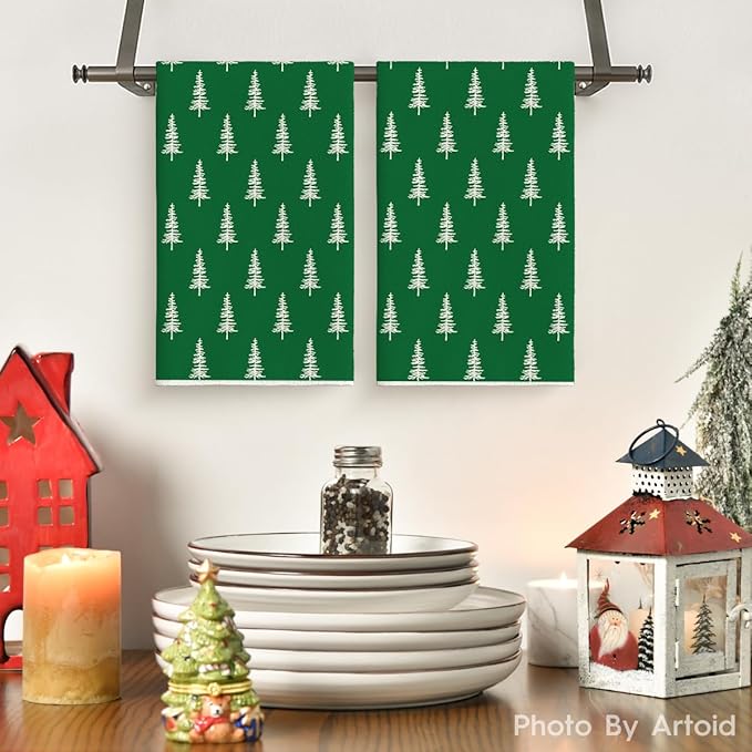 Artoid Mode Dark Green Xmas Trees Christmas Kitchen Towels Dish Towels, 18x26 Inch Holiday Farmhouse Winter Decoration Cleaning Set of 2