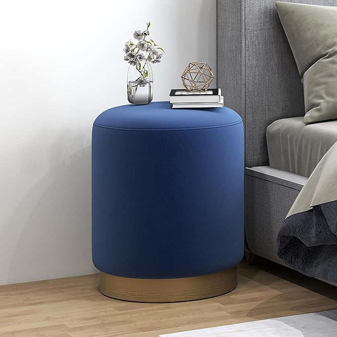 DAGONHIL Modern Round Velvet Ottoman,Upholstered Make-up Short Stools with Gold Plating Base,Foot Stool for Living Room,Pack of 1,Blue