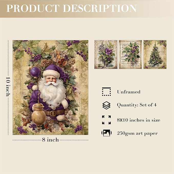 JXREQ Vintage Christmas Pictures Wall Decor Prints,Purple Christmas Wall Art Decorations for Home Kitchen Bedroom Bathroom Living Room Office,Santa Claus Xmas Tree Decor Prints Set of 4,8x10 Unframed