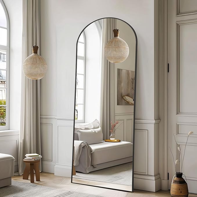 56"x18" Arched Full Length Mirror, Free Standing Mirror Full Length Made of Tempered Glass, Black Floor Mirror for Bedroom Living Room Gym Dorm