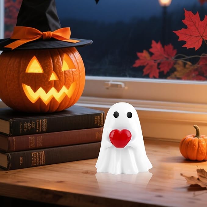 2025 Halloween Ghost Figurine, Cute Red Heart Ghost,Spooky Cute Halloween Decor,Haunted Porch & Indoor Home Statue,Coffee Table Centerpieces Shelf Mantel Display