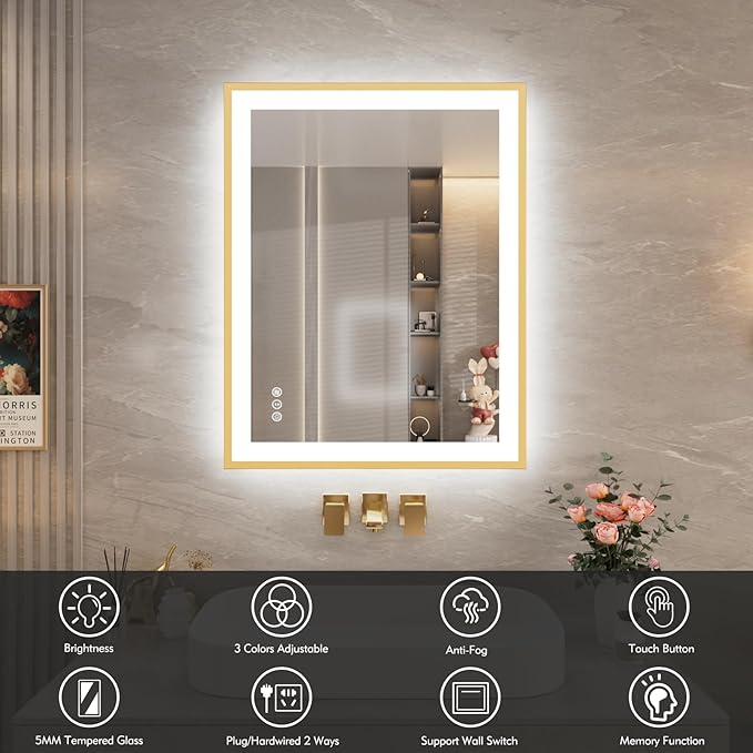 28x36 LED Bathroom Mirror with Gold Frame, Backlit and Front Lighted Bathroom Mirrors for Wall, Anti-Fog, Dimmable, Memory, Shatterproof, LED Vanity Mirror for Bathroom(Horizontal/Vertical)