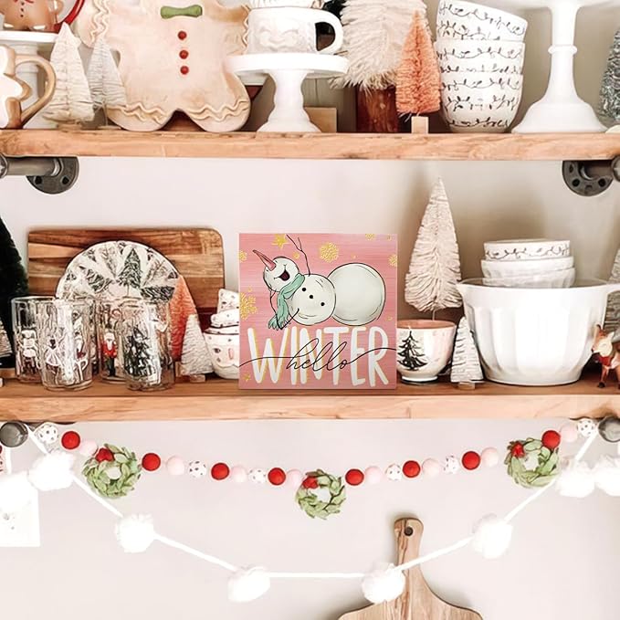 EIONEY Pink Snowman Christmas Decorations Wood Box Sign,Snowflake Hello Winter Wooden Block Signs Desk Accessories Decor,Seasonal Winter Holiday Decor for Home Farmhouse Bedroom Office,5x5 Inch