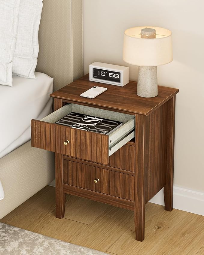 Night Stand, Fluted Nightstand Bedside Tall Farmhouse Nightstand with 3 Drawers, Mid Century Modern Side Accent Table,Bedside End Table for Bedroom, Living Room, Walnut