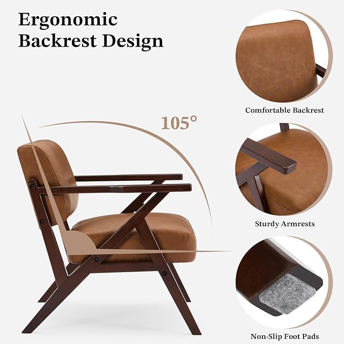 Mid Century Modern Chair Brown Leather Accent Chair Upholstered Armchair with Solid Wood Frame Comfy Reading Nook Chair Lounge Chairs for Living Room Bedroom