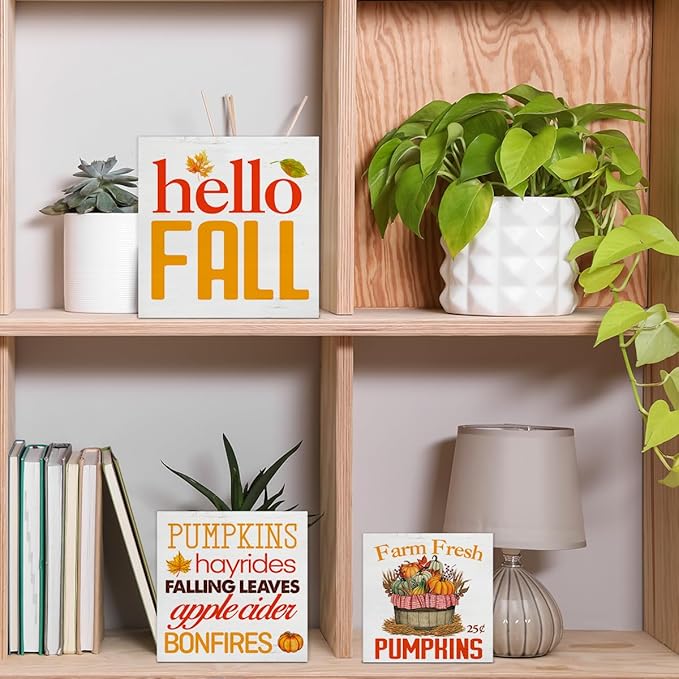 3 Pcs Fall Wood Signs Decor Autumn Wood Block Signs Farmhouse Hello Fall Pumpkins Wooden Box Signs Decorations for Home Tiered Tray Desk Table Shelf