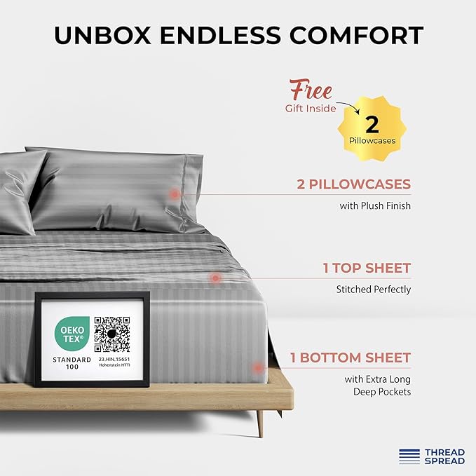 THREAD SPREAD 100% Egyptian Cotton Sheets Queen Size - 1200 Thread Count 4 PC Damask Sheet Set Egyptian Cotton, Sateen Luxury Sheet Queen Size, Soft Sateen Sheets, 17" Deep Pocket - Dark Grey Stripe