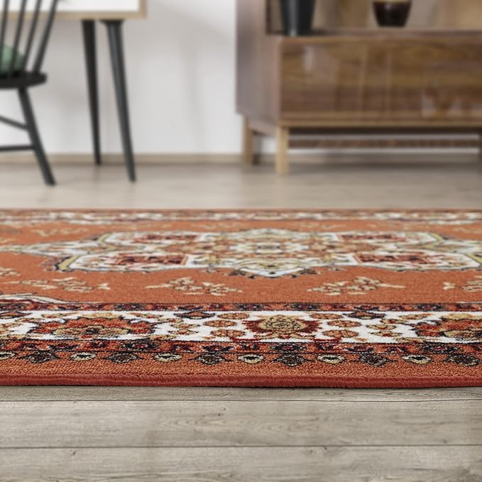 Antep Rugs Alfombras Oriental Traditional 5x7 Non-Skid (Non-Slip) Low Profile Pile Rubber Backing Indoor Area Rugs (Rust Brown, 5' x 7' Oval)