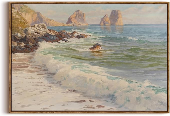 KISSFOX Vintage Ocean Canvas Wall Art Framed Nature Coastal Beach Seascape Paintings Prints Gallery Artwork Aesthetic Pictures Decor Living Room Bathroom Office Bedroom