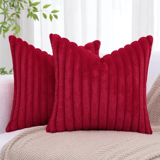 decorUhome Faux Fur Christmas Throw Pillow Covers 22x22 Set of 2, Decorative Soft Plush Striped Neutral Couch Euro Pillow Covers with Velvet Back for Sofa, Bed, Living Room Home Decor, Red