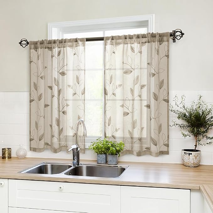 HOMEIDEAS Taupe Sheer Kitchen Curtains 30 X 36 Inch Length 2 Panels Beige Embroidered Leaf Pattern Short Curtains for Small Window Valance Tiers