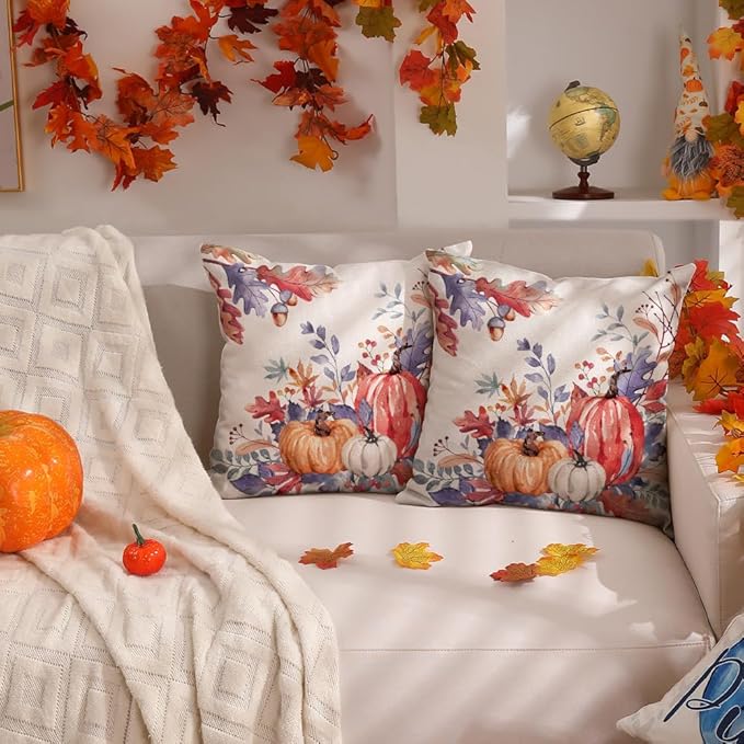DFXSZ Fall Pillow Covers 18x18 inch Set of 2 Red Orange Pumpkin Fallen Leaves Decorative Outdoor Throw PillowCovers Autumn Thanksgiving Farmhouse Decoration for Home Couch TH27-P18