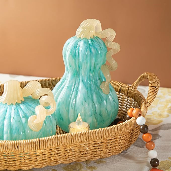 Glitzhome 8.5" H Fall Glass Gourd,Tabletop Crystal Pumpkin Craft Ornament for Home Decor Halloween Party Decoration Thanksgiving Gift Fall Pumpkin Decor,Turquoise