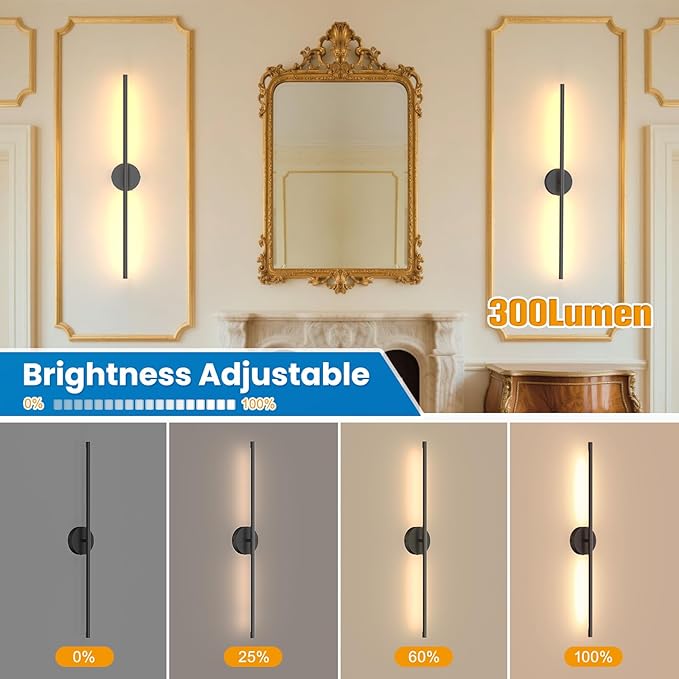 NIORSUN 34 Inch Battery Operated Wall Sconce Set of 2, Black Round Base Rechargeable Wall Lights with Remote, 3CCT Dimmable Wireless Wall Sconces for Living Room Bedroom Hallway