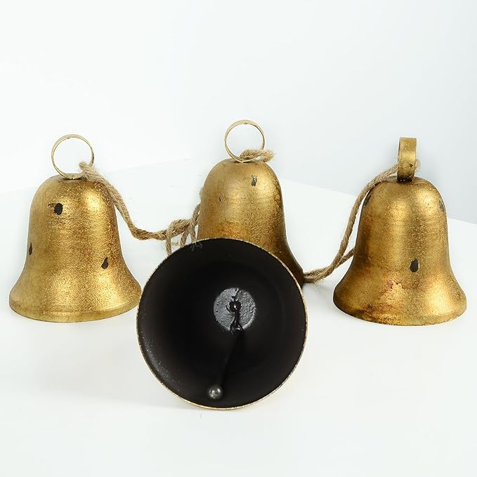 styleonme Decorative Bells, 4-Piece Set of Harmonious Bells, Vintage Handmade and Rustic Lucky Christmas Bells Hanging on a Rope, Gifts for Mom, Grandma, and Women