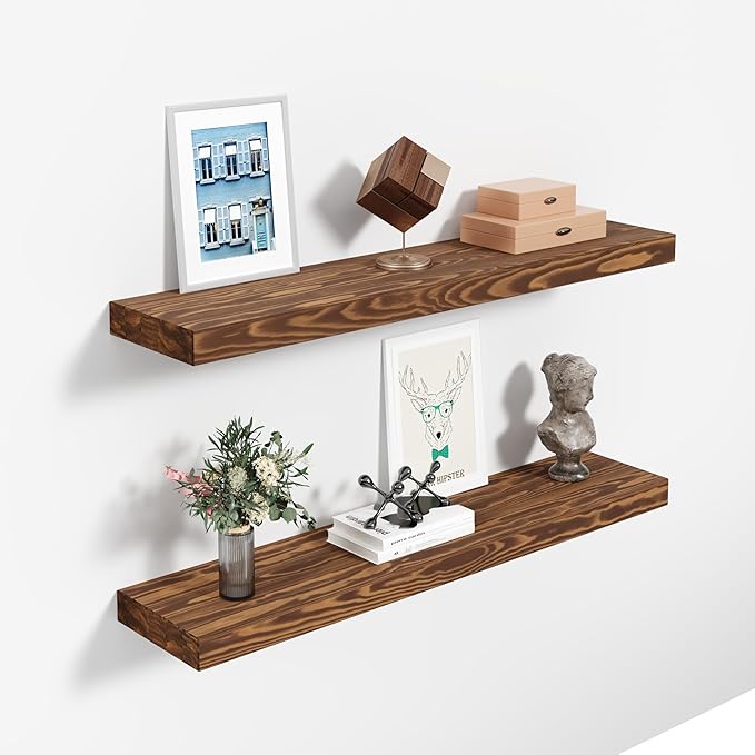 24'' Pine Wood Floating Shelves for Wall- Set of 2 - Rustic Wall Mounted Wooden Shelf for Stylish Home Dรฉcor (Light Walnut, 24x6.5x1.25), 2pcs