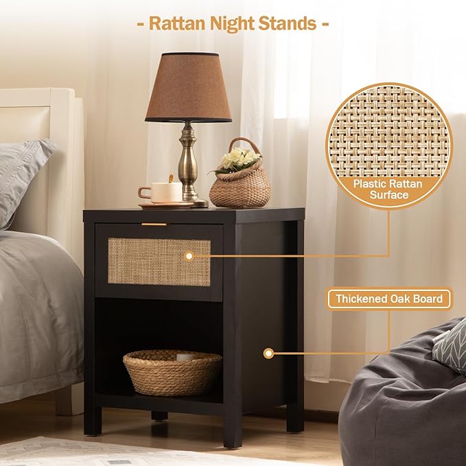 SICOTAS Rattan Nightstand, Farmhouse Night Stands with Drawer, Boho End Side Table for Bedroom, Small Space, Black Oak