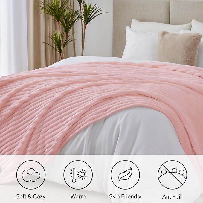 BEDELITE Full Size Blanket for Bed, 300GSM Soft & Warm Fleece Pink Blanket, Decorative and Giftable Striped Blankets for Women, Men, 84"x90"