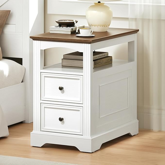 Farmhouse End Table with 2 Drawers, Narrow Sofa Side Table with Storage and Open Shelf, Wooden Nightstand for Small Spaces, Bedroom, Living Room, White and Walnut