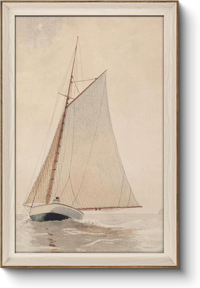 InSimSea Framed Canvas Wall Art of Large Coastal Sailboat - Classical Coastal Art Work, White Sailboat Sea Art Painting, Large Home Decor Artwork 24x36In