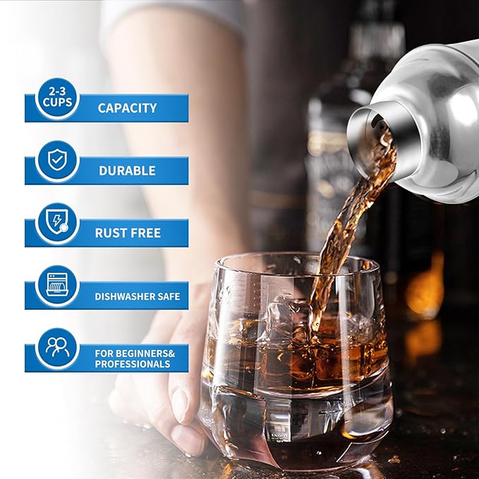 24oz Cocktail Shaker Bar Set, Martini Shaker with Built-in Strainer, Measuring Jigger, Mixing Spoon, Professional Stainless Steel Large Bartender Drink Shaker Margarita Alcohol Mixer-Silver