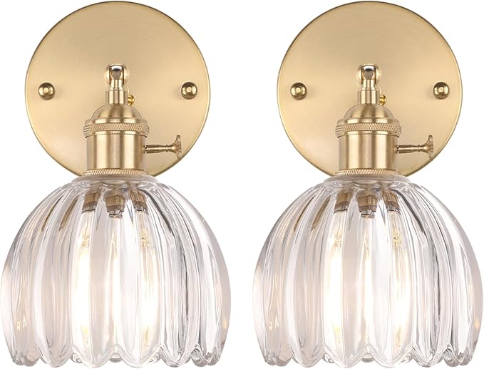 Vintage Wall Sconces Set of 2 with Cute Transparent Tulip Glass Lampshade 180 Degree Adjustable Brass Sconces Hradwired Modern Wall Lighting Fixture with Switch for Bedside Bedroom Doorway