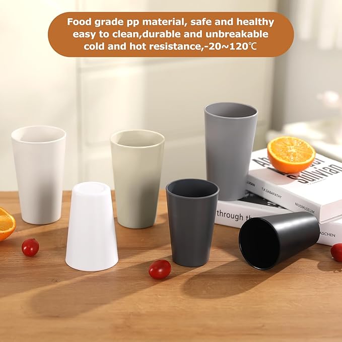 24 Pcs Unbreakable Plastic Cups Set, 14 oz Reusable Plastic Cups, Stackable Water Tumblers, Drinking Cup for Kitchen, Outdoor, BPA-free, Dishwasher Refrigerator and Microwave Safe (14 oz, 6 Colors)