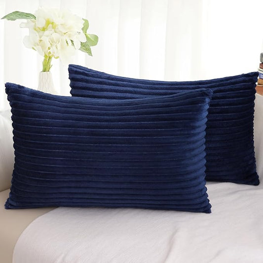 Simmore Decorative Throw Pillow Covers 12x20 Set of 2, Soft Natural Plush Flannel Double-Sided Fluffy Lumbar Pillow Covers for Couch Sofa Living Room, Navy Blue