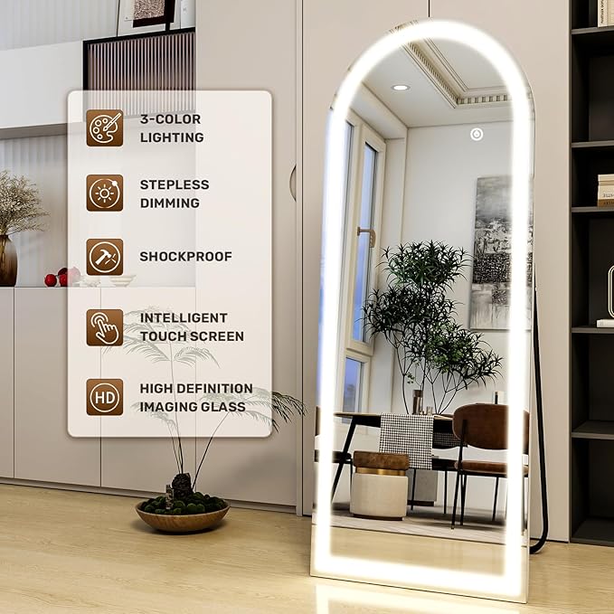21"x56" Arched Full Length Mirror with LED Lights, Standing or Wall-Mounted Full Body Mirror with Stand, Dimmable 3-Color Lighted Floor Mirror for Bedroom, Dressing Room, Cloakroom