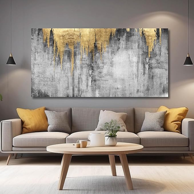 Abstract Wall Art for Living Room Canvas Wall Decor Gold Wall Decorations Grey Wall Paintings Large Pictures Artwork for Office 29"x58"