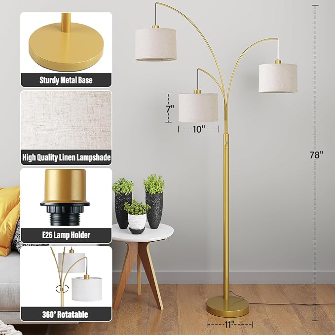 SUNMORY 3 Lights Floor Lamp for Living Room, 78" Tall Standing Lamp with Hanging Drum Shade, Modern Arc Floor Lamps with Heavy Base, Mid Century Arched Tree Floor Lamp for Bedroom, Office, Corner