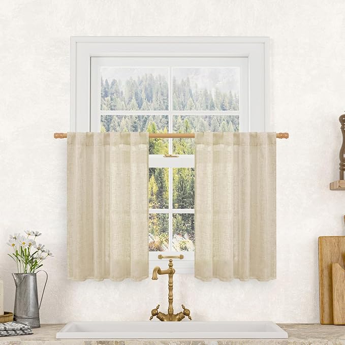 LAMIT Semi Sheer Linen Curtains 36 Inch Length 2 Panels, Light Filtering Panels Back Tab and Rod Pocket Neutral Drapes for Cafe/Kitchen/Loft Room, Linen, 25 x 36 Inch