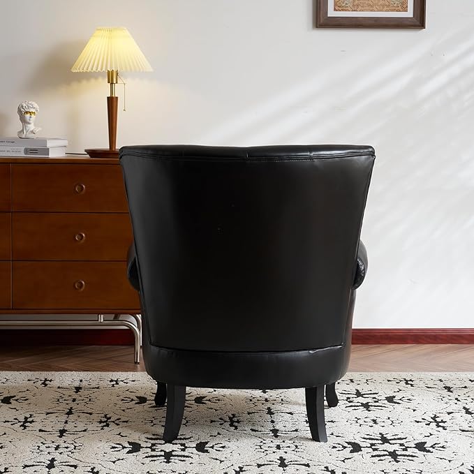 Modern Faux Leather Accent Chair, Upholstered Mid-Century Armchair with Solid Wood Legs, Single Sofa Chair for Living Room, Bedroom, or Reading Room(Black)