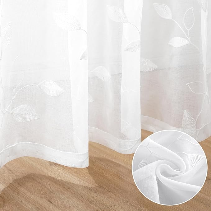 HOMEIDEAS White Sheer Kitchen Curtains 52 x 45 Inch Length 2 Panels Embroidered Leaf Pattern Short Curtains for Bedroom Half Small Window Rod Pocket Tiers