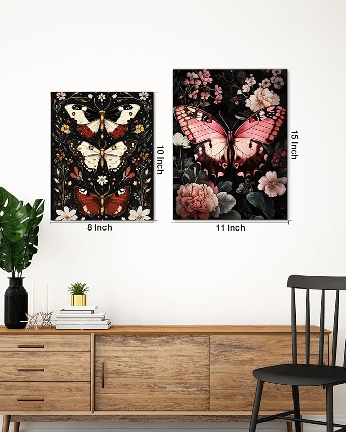 Aesthetic Moths Wall Art Decor Gothic Dark Academia Moth Canvas Print Poster Botanical Framed Painting Wall Decorations for Home Farmhouse Living Room Bedroom Decor 8x10 Inch