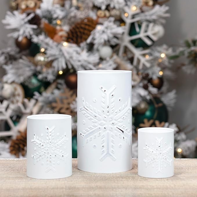 AuldHome Design Snowflake Candle Lanterns for Pillar Candles (Set of 3); Christmas Holiday Decor Centerpiece Candle Holders