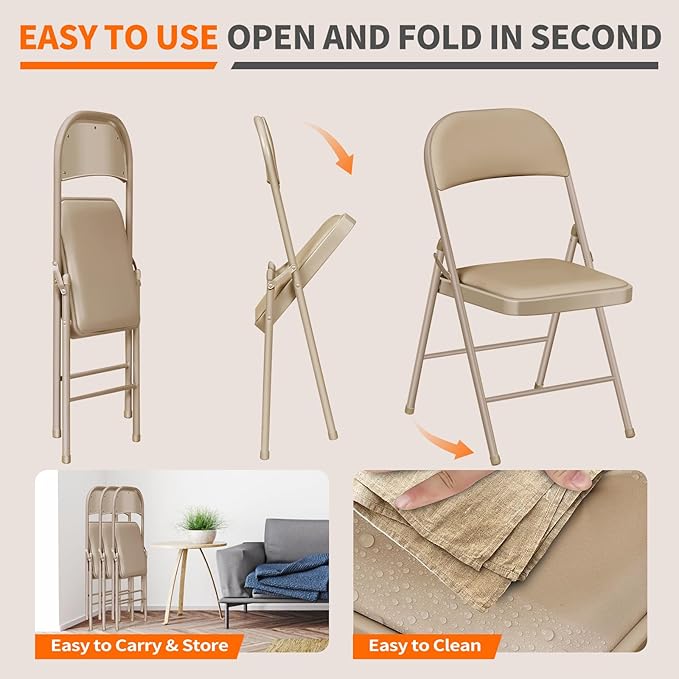 4 Pack Folding Chairs with Cushion – Padded Memory Foam Khaki Seating Space-Saving Foldable Chairs for Indoor Outdoor Weddings, Parties, Backyard & Office Events (Khaki, 4 Pack)