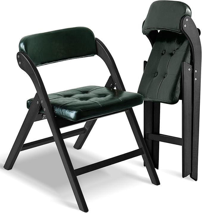 Wood Folding Chairs with Padded Seats, Wooden Folding Chairs Set of 2, Foldable Dining Chair with Cushion, Stackable Extra Chair for Indoor Outside Events, Party, Wedding (Black Green)