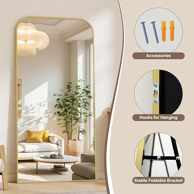 77''x 38'' Full Length Mirror, Rectangular Full Body Mirrors with Stand, Wall Mounted Mirror for Home Decor, Floor Mirror with Aluminum Alloy Thin Frame, Gold