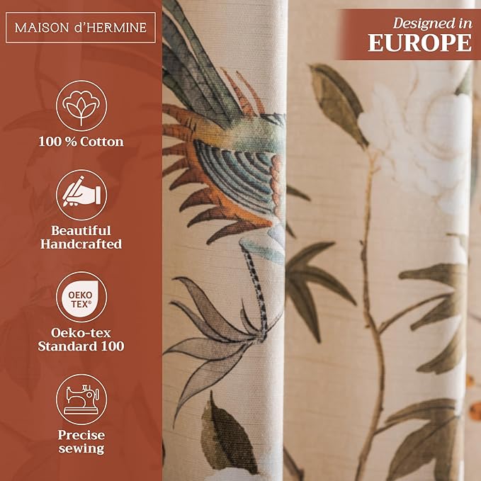 Maison d' Hermine Curtains for Living Room 100% Cotton 124 inch Length Two Panels Light Filtering Curtains for Bedroom Windows with Rod and Loop Pockets Drapes (Hokuzai Beige, 50" W x 124" L)