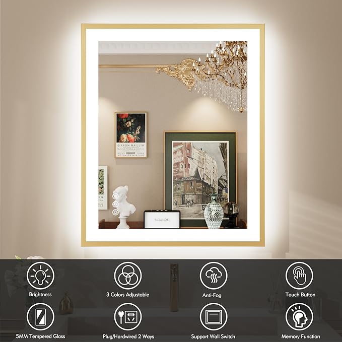 24x32 LED Bathroom Mirror with Gold Frame, Backlit and Front Lighted Bathroom Mirrors for Wall, Anti-Fog, Dimmable, Memory, Shatterproof, LED Vanity Mirror for Bathroom(Horizontal/Vertical)