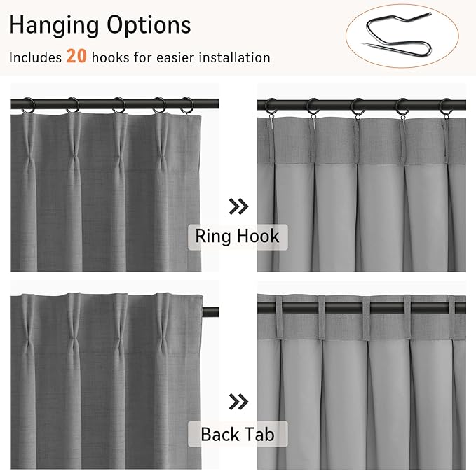 100% Blackout Shield Linen Look Textured Pinch Pleated Curtains Blackout Drapes 120 Inch Long 2 Panels Set, Faux Linen Blackout Curtains for Bedroom & Living Room, 40" W x 120" L, Dark Grey
