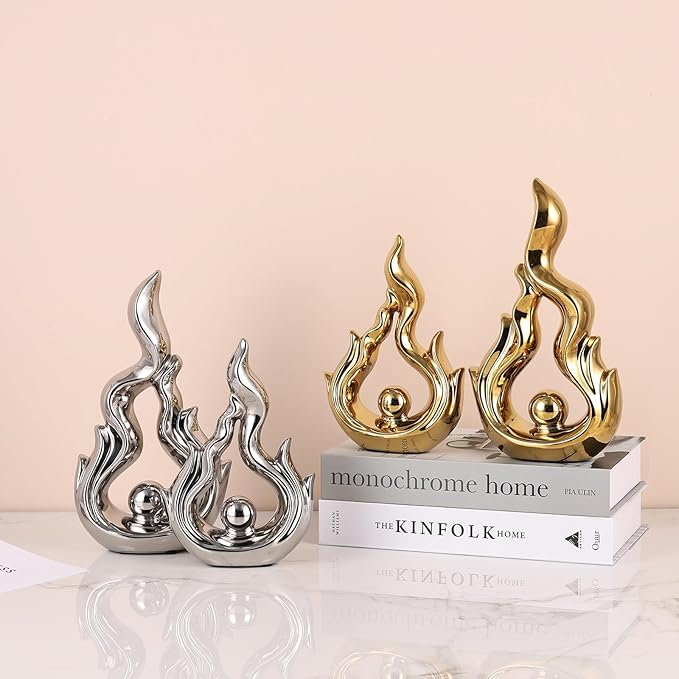 2 Pcs Silver Ceramic Sculptures for Home Decor, Modern Abstract Art Statues, Centerpieces for Dining Room Table, Living Room, Shelf, Mantel, Coffee Table, Entryway Accent Decorations