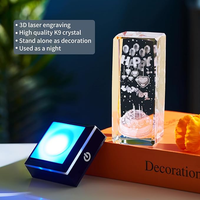3D K9 Crystal Night Light with LED Light Base Gift for Women Men Girlfriend Christmas Valentines Anniversary Birthday Gifts (Happy Birthday)