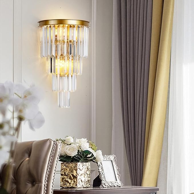 Gold Crystal Wall Sconce, Modern 4-Tiers Crystal Wall Lights for Living Room, Clear K9 Crystal Wall Lamps, Wall Mount Dining Room Kitchen Bedroom Hallway Lighting Fixtures