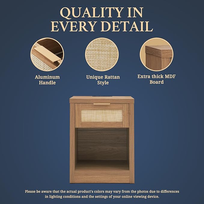 Nightstand Set of 2, Rattan Night Stand with Type-C Charging Station, Bedside Table with Drawer, Boho Bed Side Table End Table Accent Table for Bedroom Living Room (Weathered Oak)