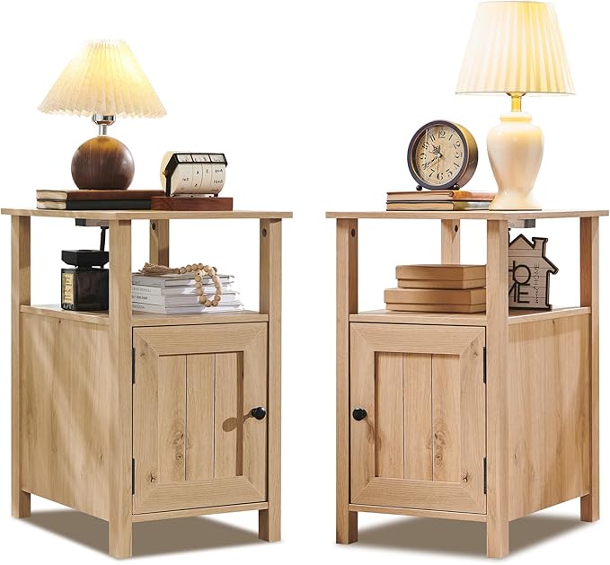 Farmhouse Nightstands Set of 2, Narrow Bedside Table with Charging Station, Night Stand Set 2 with Storage & Open Shelf, End Tables w/Groove Barn Door for Bedroom, Living Room-Natural