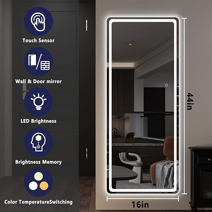 Hasipu LED Door Mirror Full Length, 44.1" x 15.8" Lighted Over The Door Hanging, Full Body Wall Mounted, Light Up Long Dressing, Round Black